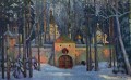 Escenografía para la ópera de Glinka Ivan Susanin monasterio en el bosque Konstantin Yuon bosque árboles paisaje